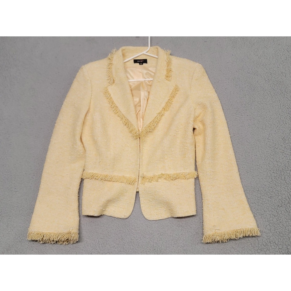 VTG Seven‎ Collection Blazer Womens 14 Yellow Tweed Fringe Trim Hook Eye Lined